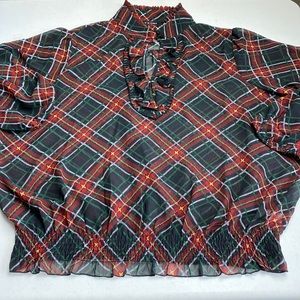 Violet & Claire Holiday Plaid Sheer Blouse, XL Green, Red, Black, White, Gold
